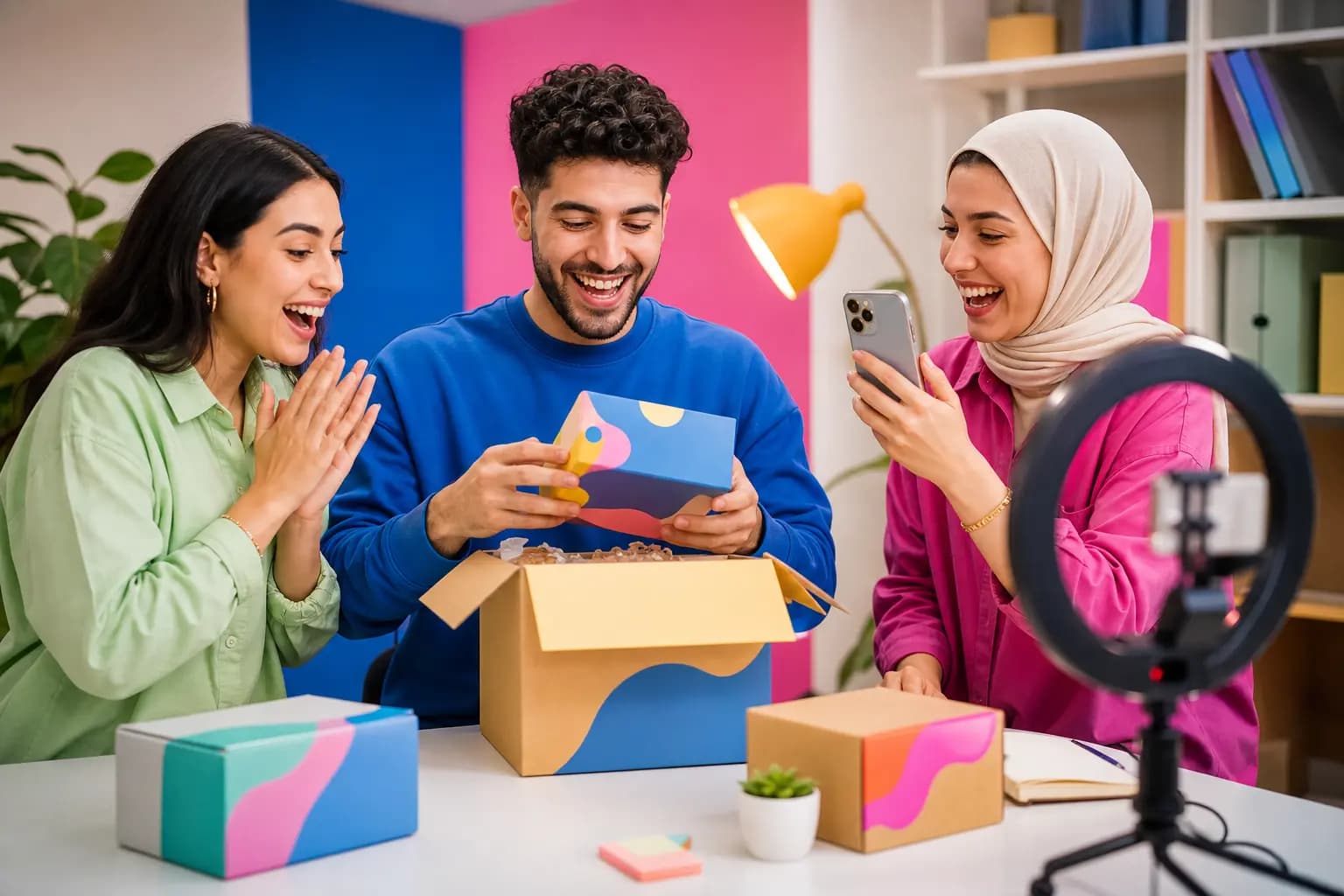 صناع محتوى يفتحون صندوق منتج ملون أثناء التصوير
