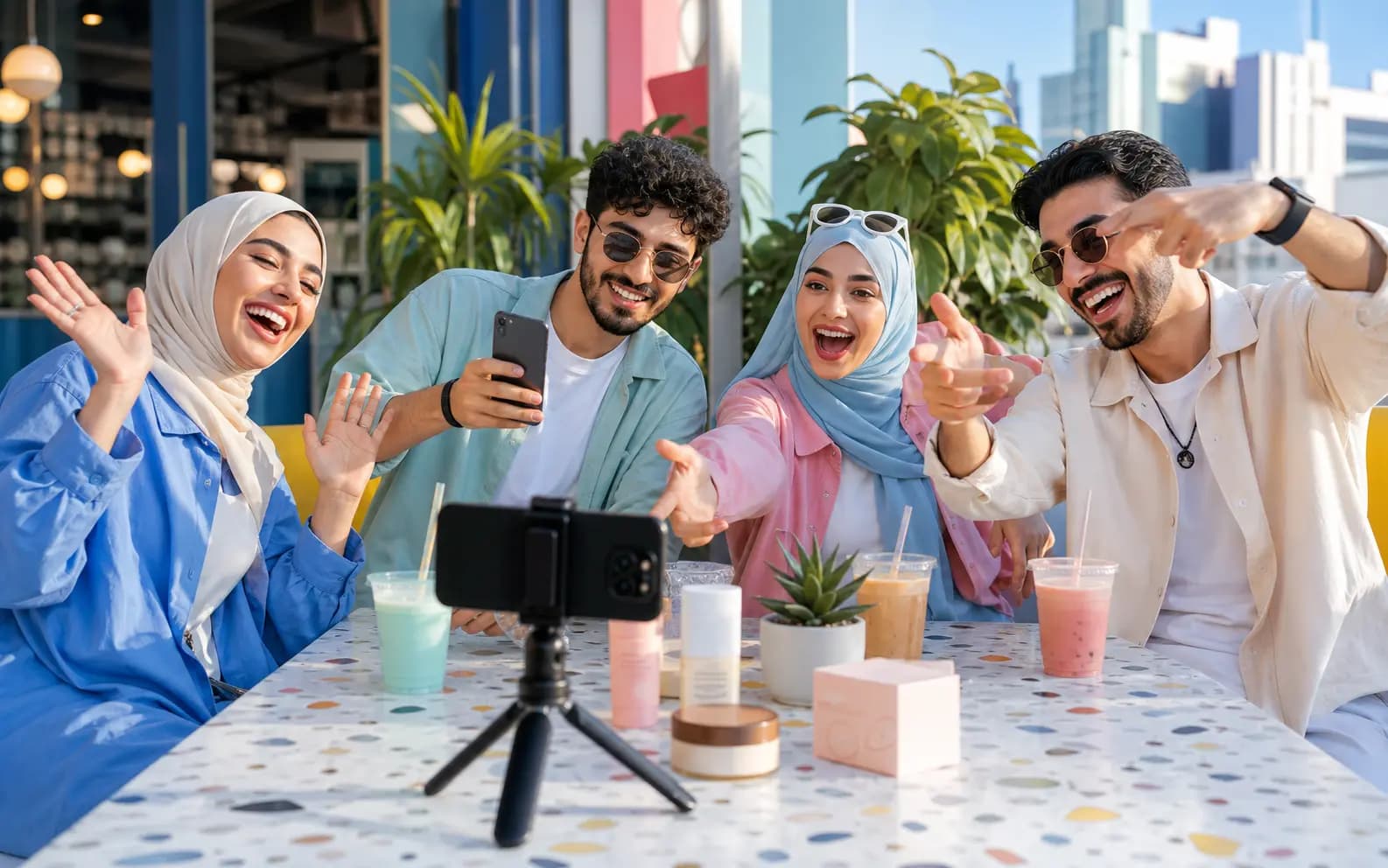 مجموعة من صناع المحتوى يصورون فيديو ممتعاً في مكان ملون